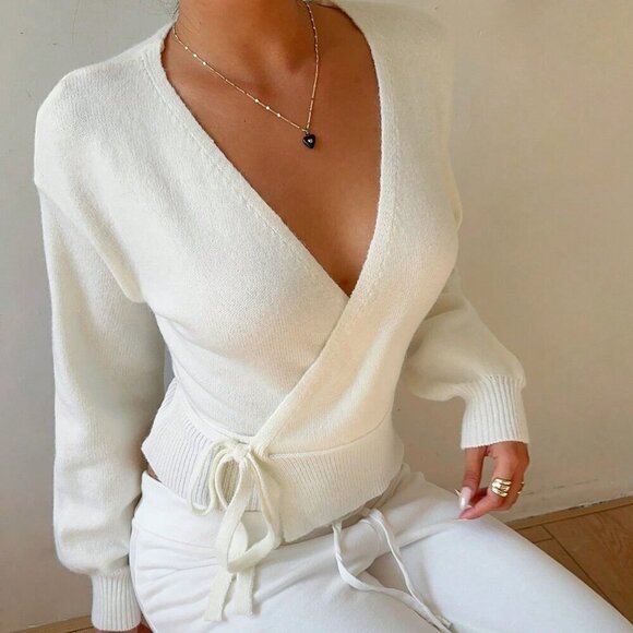 White Casual Women's Versatile Wrap Tie Front Cardigan